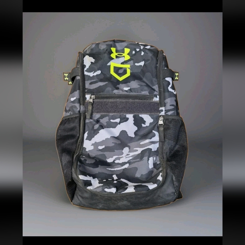 Black and Grey Camouflage Backpack with Neon Logo and Padded Straps